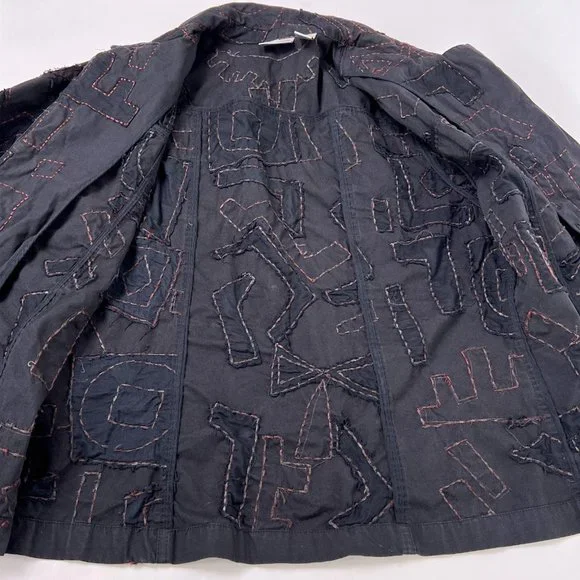 Chicos Black Abstract Art to Wear Contrast Stitch Button Blazer Jacket M 1 FLAW - Picture 8 of 10